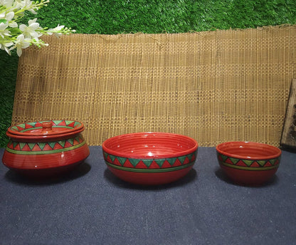 Caffeine Ceramic Handmade Red Green Tribal Combo Dinner Set (5 pcs.)