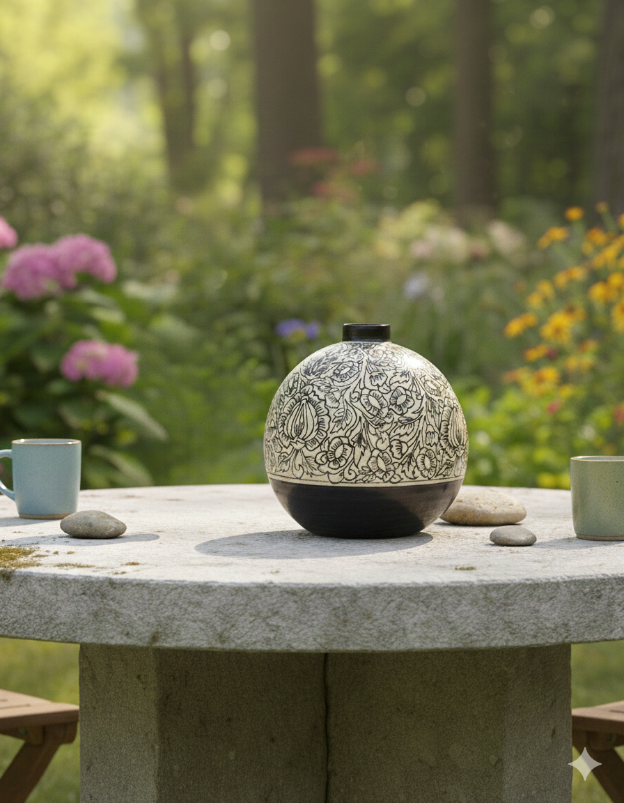 Decorative spherical vase with intricate patterns on a stone table in a garden setting.