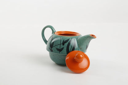 Caffeine Ceramic Handmade Green & Orange Bamboo 2 in1 Tea Pot (Set of 1, Single Kettle with Cup)