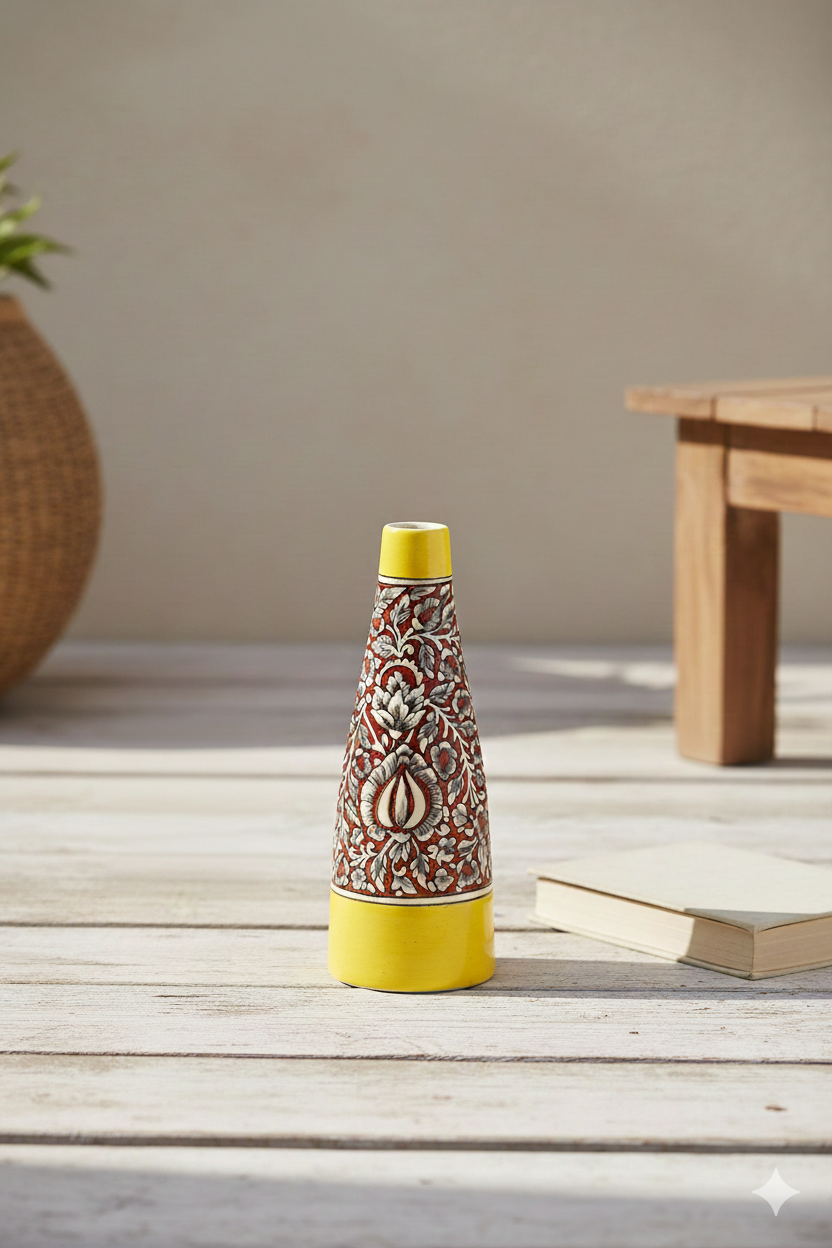 Decorative bottle with a yellow cap and patterned body on a wooden surface.