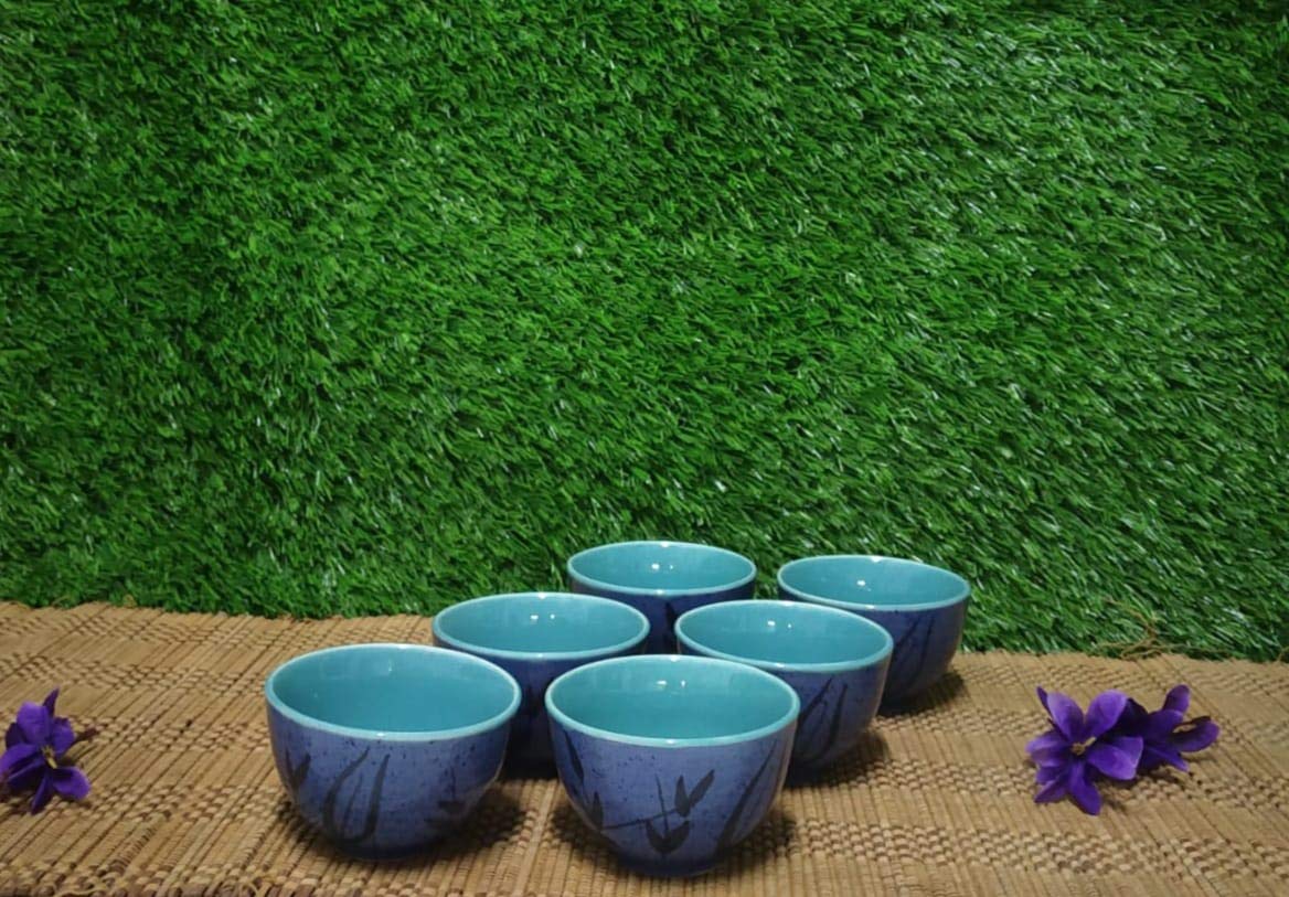 Caffeine Ceramic Handmade Blue Bamboo Dessert Bowl (Set of 6) - Caffeine Premium Stoneware