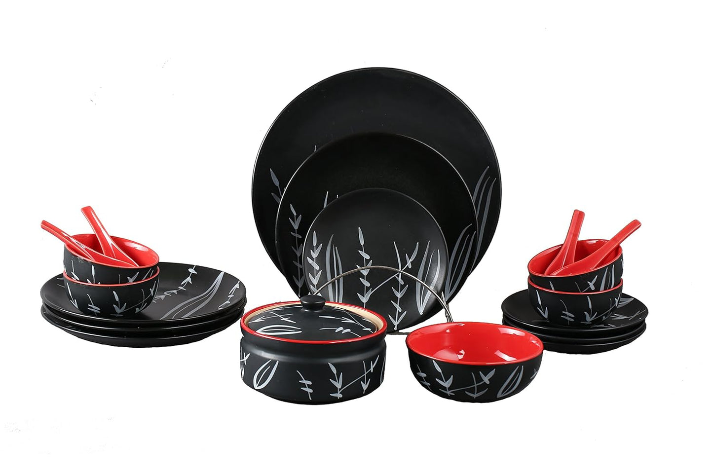 Caffeine Ceramic Handmade Red and Black Dinner Set (19 pcs )