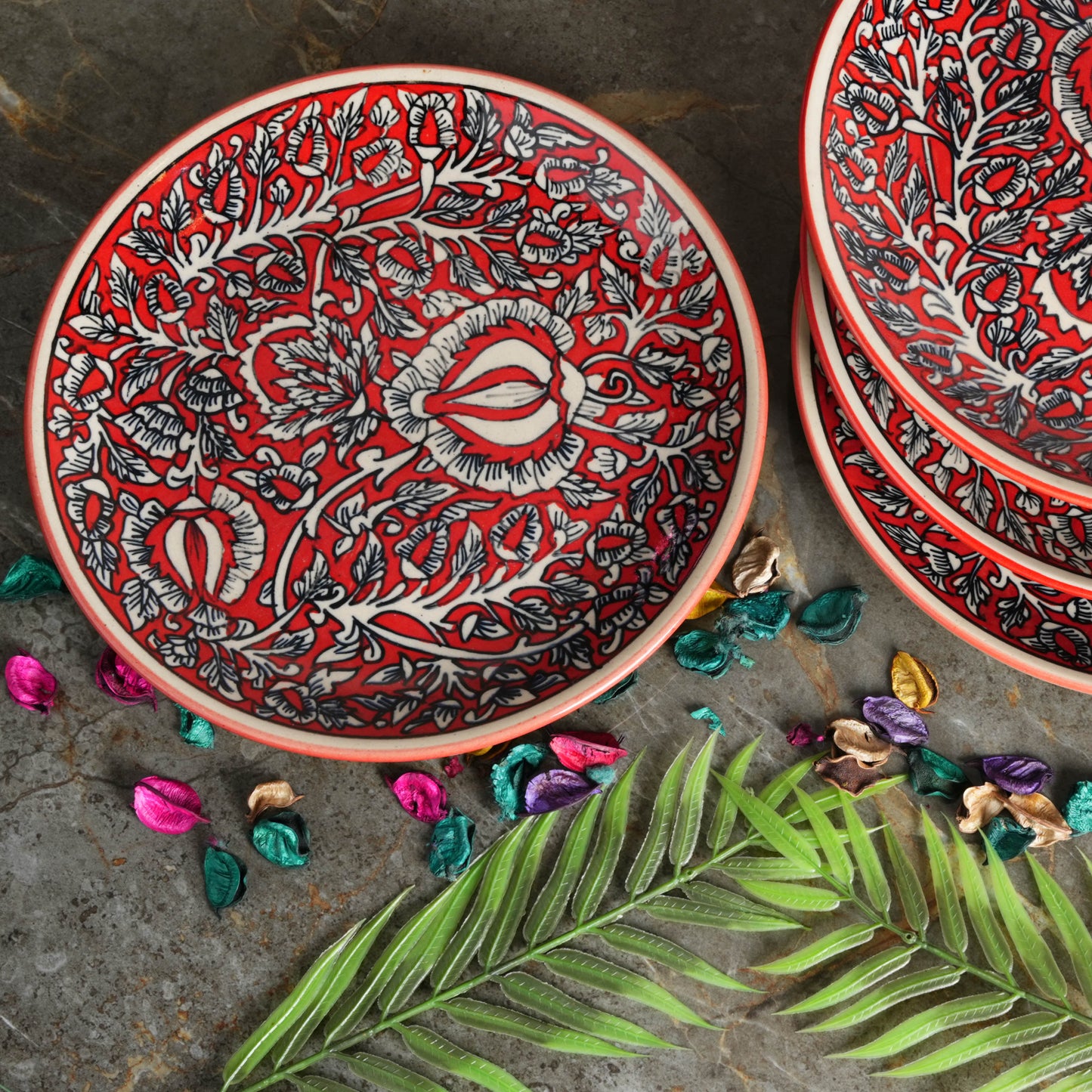 Caffeine Ceramic Handmade Stoneware Red Mughal Dinner Plates 10 inch Set of 6 (Microwave & Dishwasher Safe) - Caffeine Premium Stoneware