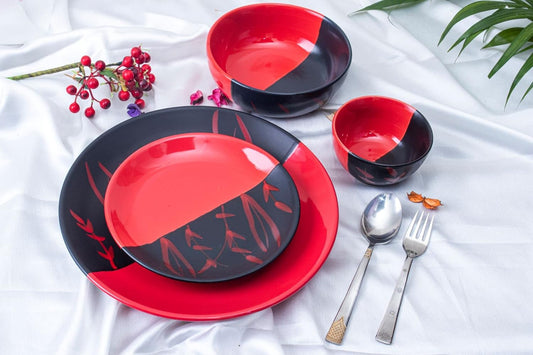 Caffeine Ceramic Handmade Red & Black Combo Dinner Set 9 pcs.(4 Dinner Plate, 4 Katori Bowl, 1 Serving Bowl)