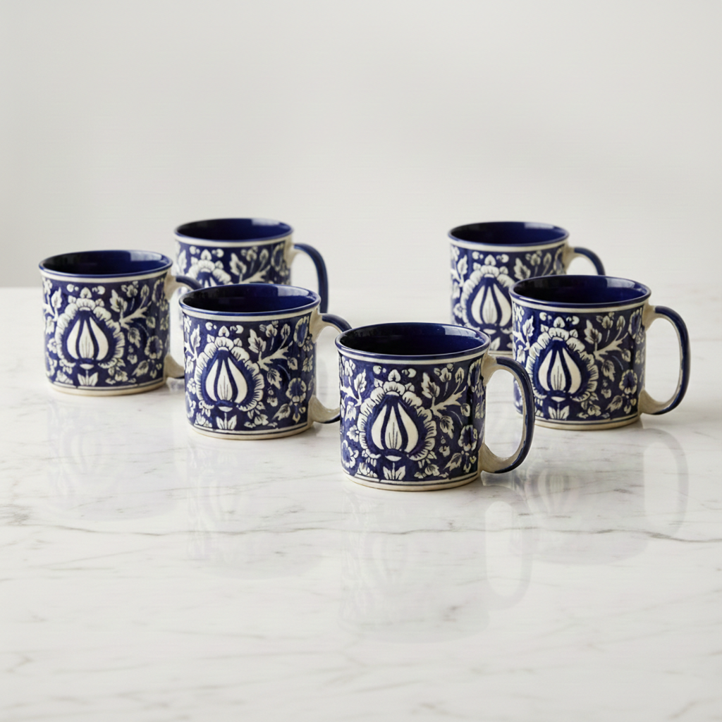 Caffeine Ceramic Handmade Blue Mughal Maggie Mug (Set of 6)