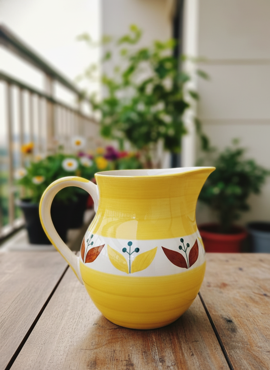 Caffeine Ceramic Handmade Stoneware Yellow Leaf Water Jug (Set of 1, 1800 ml)