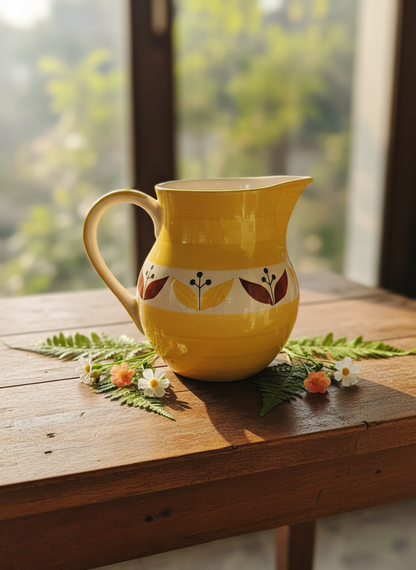 Caffeine Ceramic Handmade Stoneware Yellow Leaf Water Jug (Set of 1, 1800 ml)