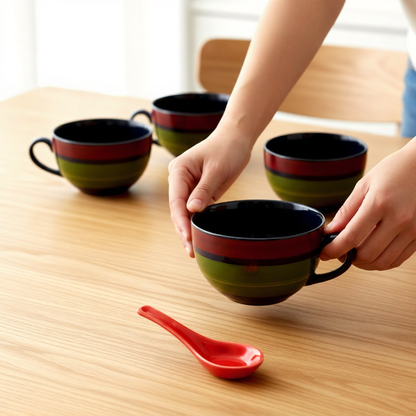 Caffeine Ceramic Handmade Green Chandrakari Single Handled Soup Bowl with Spoon set of 4