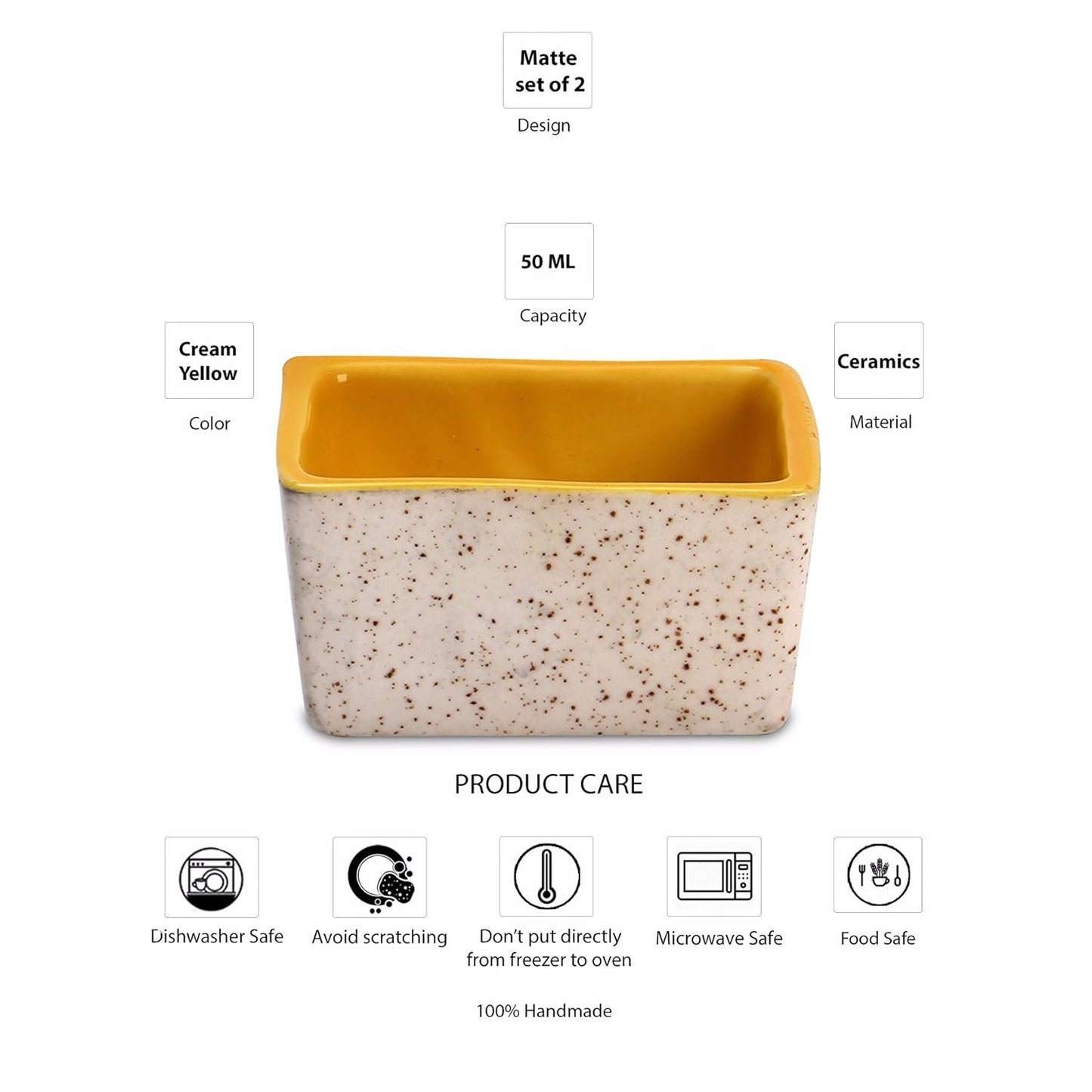 Caffeine Ceramic Handmade Cream and Yellow Matte Dip & Sauce (Set of 2, 40 ml) - Caffeine Premium Stoneware
