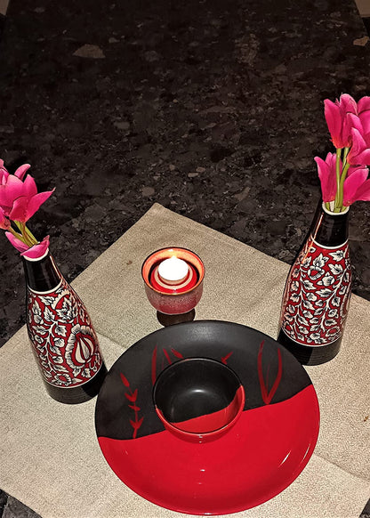 Caffeine Ceramic Handmade Red & Black Bamboo Dinner Set (Set of 2)