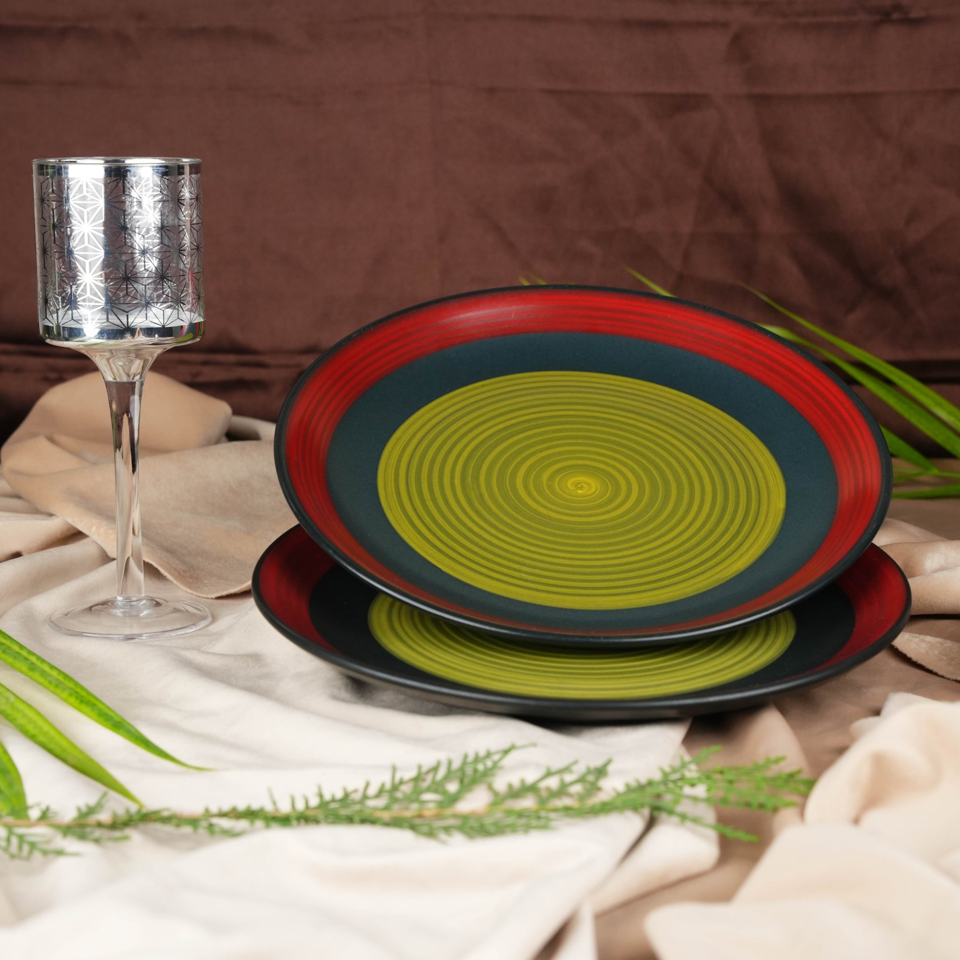 Caffeine Ceramic Handmade Stoneware Green Chandrakari Dinner Plates10 inch Set of 2 - Caffeine Premium Stoneware