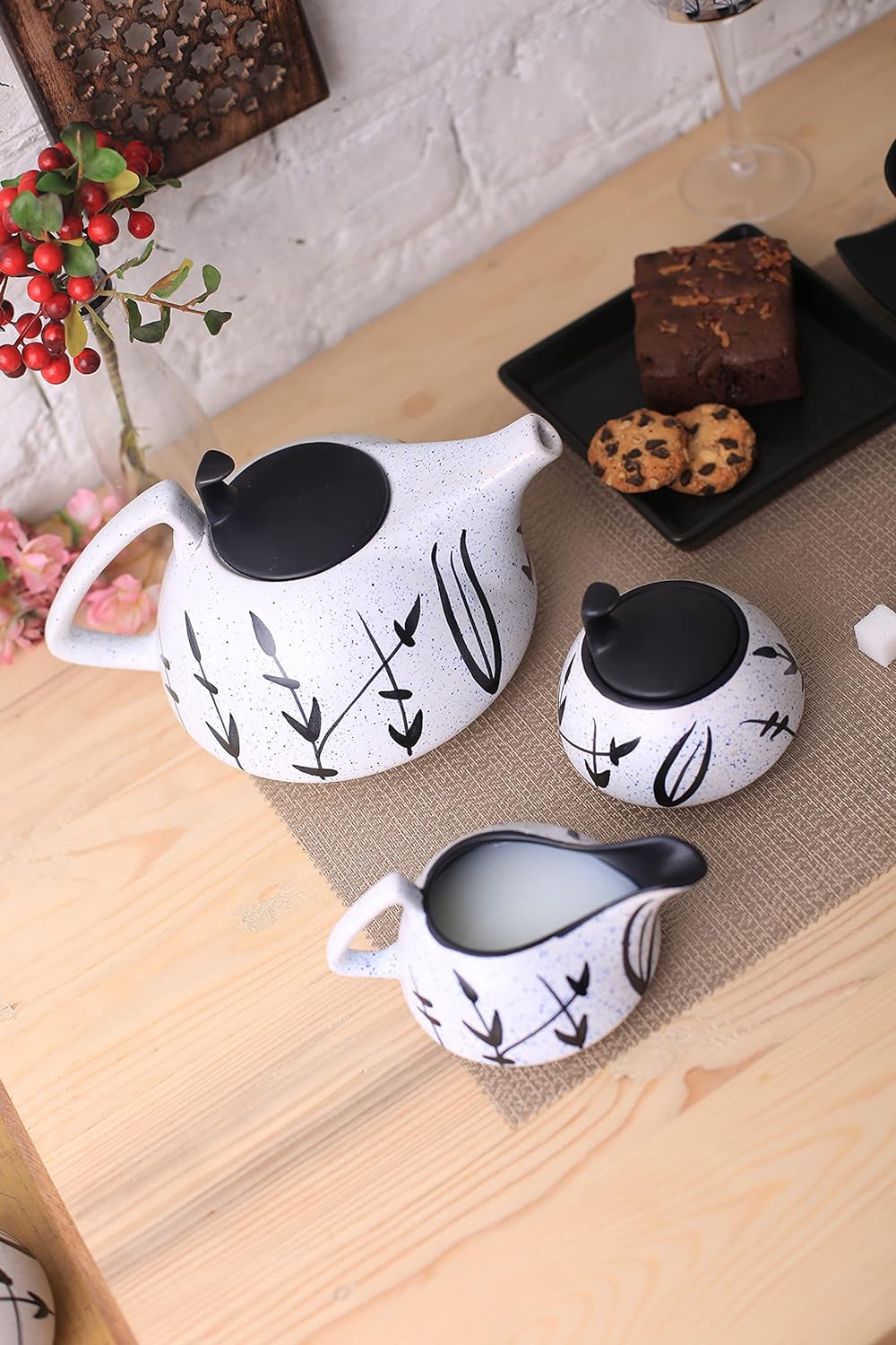 Caffeine Ceramic Handmade Stoneware White & Black Bamboo Tea Set 15pc - Caffeine Premium Stoneware