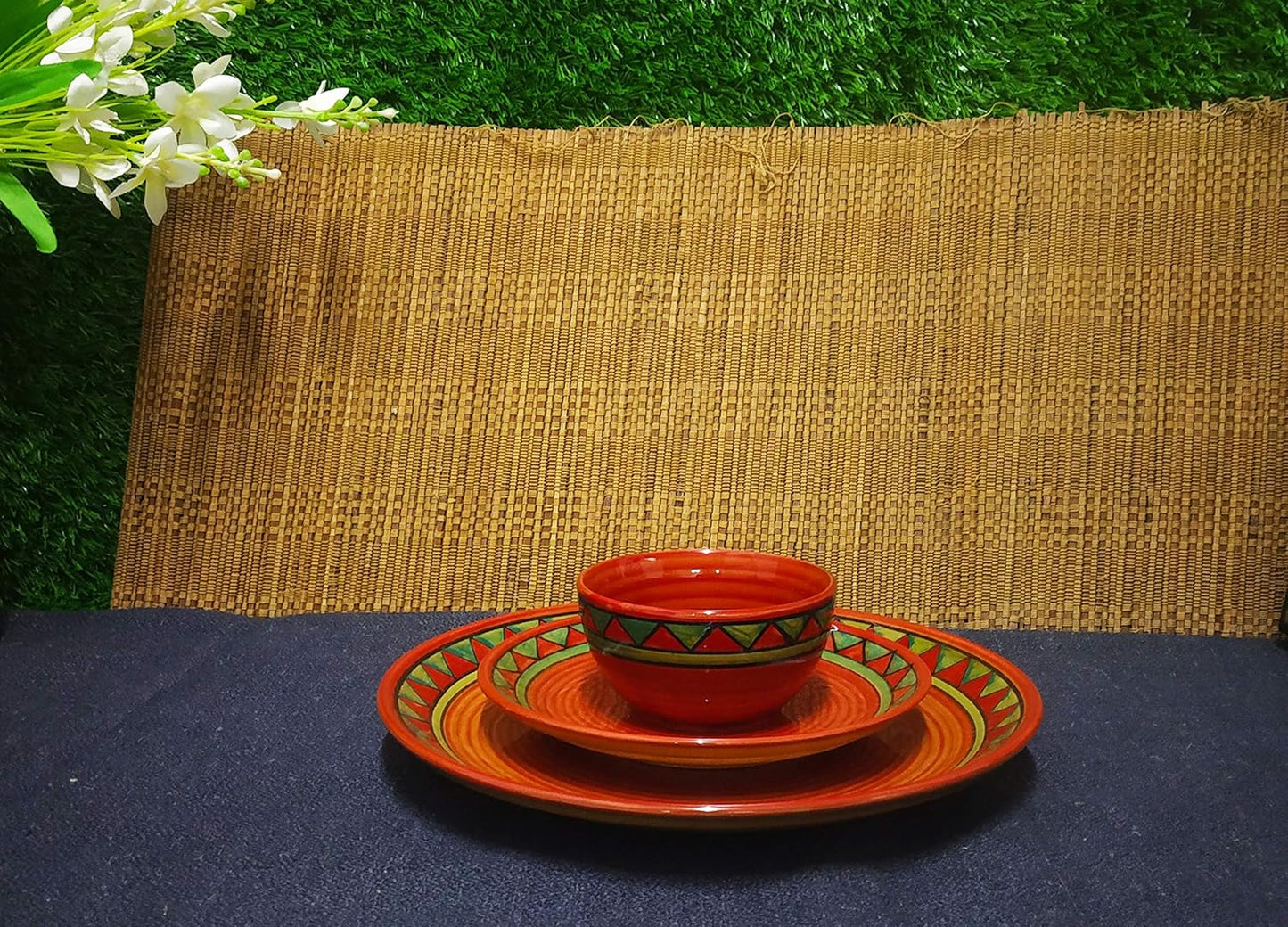 Caffeine Ceramic Handmade Red Green Tribal Combo Dinner Set (5 pcs.)