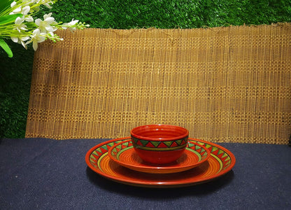 Caffeine Ceramic Handmade Red Green Tribal Combo Dinner Set (5 pcs.)