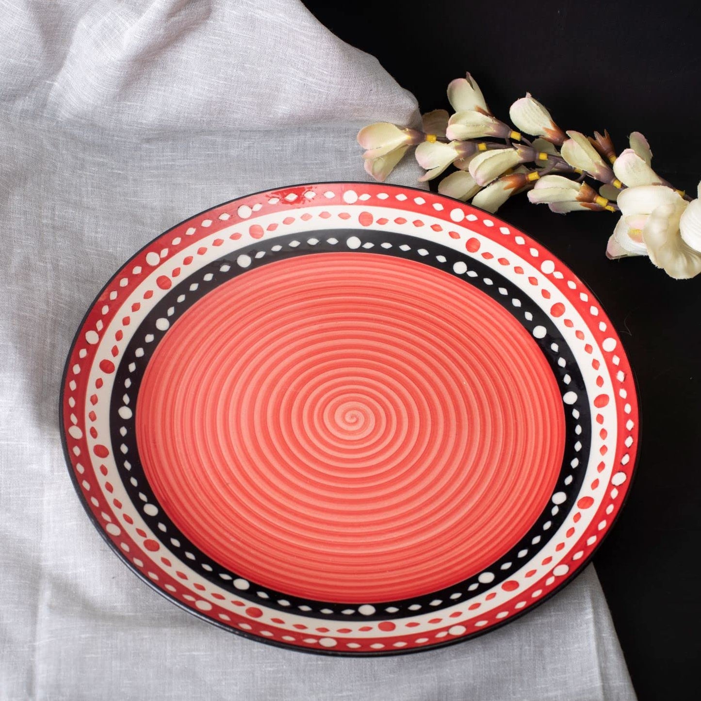 Caffeine Ceramic Handmade Red Black Dot Platter Set of 3 Pcs. (1 Dinner Plate, 2 Dip & Sauce Bowl)