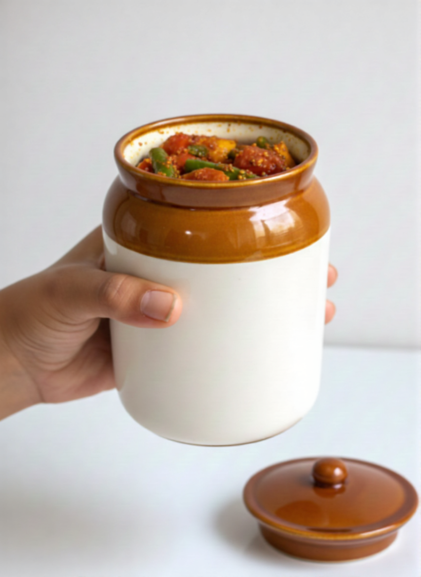 Caffeine Ceramic Stoneware Handmade Mustard And White Barni/Pickle Jar (Set 1)