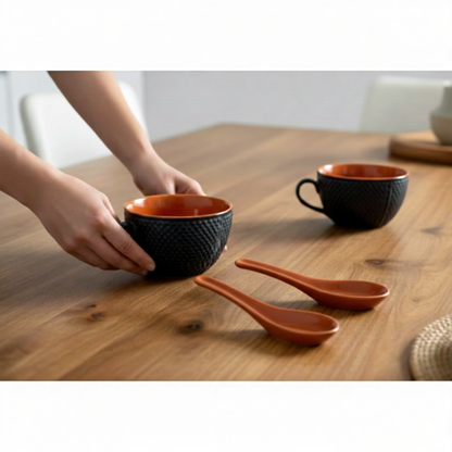 Caffeine Ceramic Handmade Brown & Black Bubble Single Handled Soup Bowl with Spoon (Set of 2)