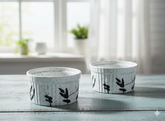 Caffeine Ceramic Handmade White Bamboo Ramekins Bowl (Set of 2)