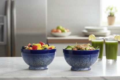 Caffeine Ceramic Handmade Blue Crackle Nut Serving Bowl (Set of 2)