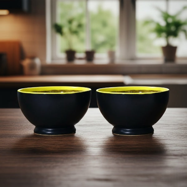 Caffeine Ceramic Handmade Matte Black & Glossy Brown with Yellow Rim Nut Serving Bowl (Set of 2)