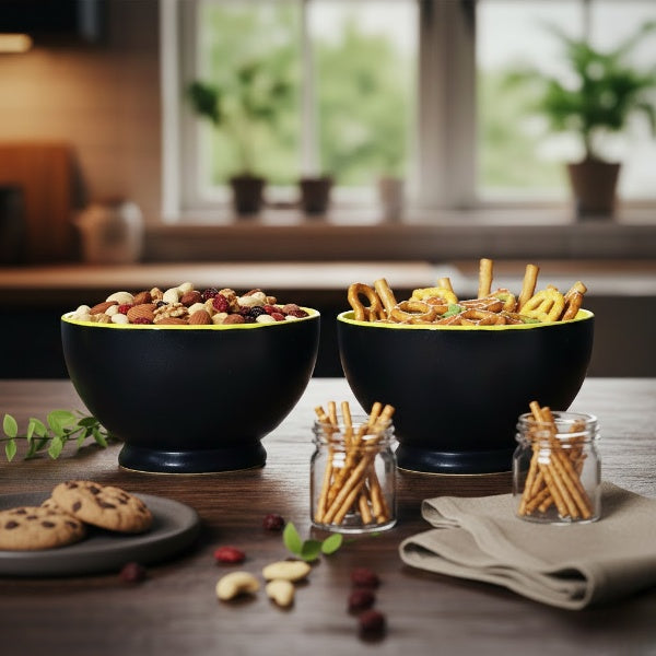 Caffeine Ceramic Handmade Matte Black & Glossy Brown with Yellow Rim Nut Serving Bowl (Set of 2)