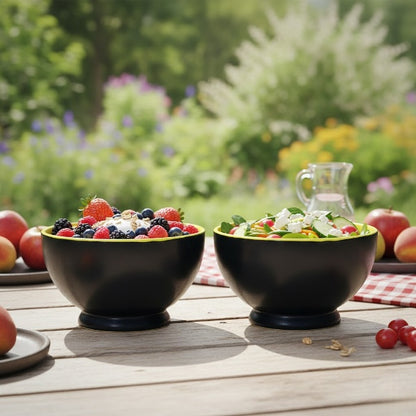 Caffeine Ceramic Handmade Matte Black & Glossy Brown with Yellow Rim Nut Serving Bowl (Set of 2)