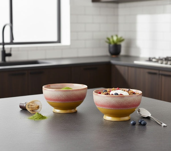 Caffeine Ceramic Handmade Mustard & Pink Studio Nut Serving Bowl (Set of 2)