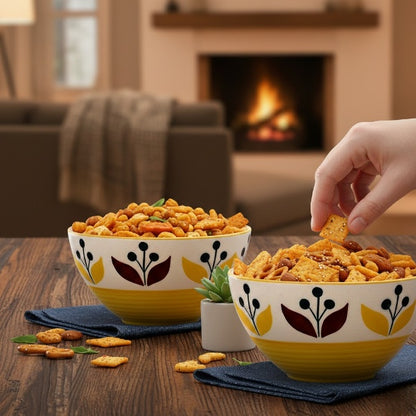 Caffeine Ceramic Handmade Yellow Lily Nut Serving Bowl (Set of 2)