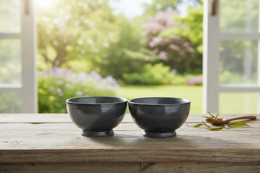 Caffeine Ceramic Handmade Black Metallic Nut Serving Bowl (Set of 2)