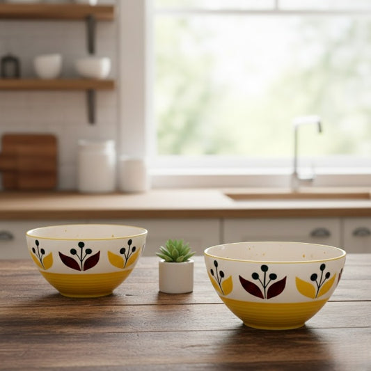 Caffeine Ceramic Handmade Yellow Lily Nut Serving Bowl (Set of 2)