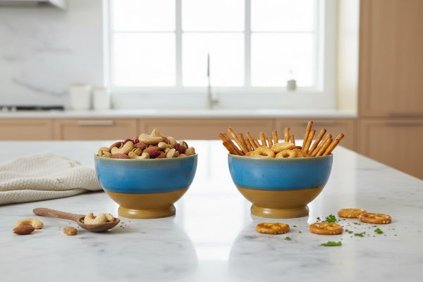 Caffeine Ceramic Handmade Blue & Brown Studio Nut Serving Bowl (Set of 2)