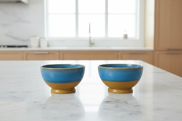 Caffeine Ceramic Handmade Blue & Brown Studio Nut Serving Bowl (Set of 2)