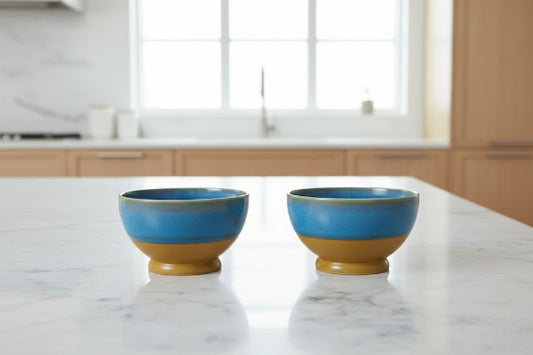 Caffeine Ceramic Handmade Blue & Brown Studio Nut Serving Bowl (Set of 2)