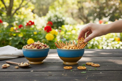 Caffeine Ceramic Handmade Blue & Brown Studio Nut Serving Bowl (Set of 2)