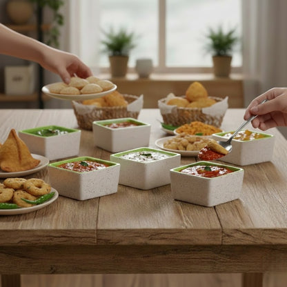 Caffeine Ceramic Stoneware Handmade Cream and Green Dip & Sauce (Set of 6, 40ml)