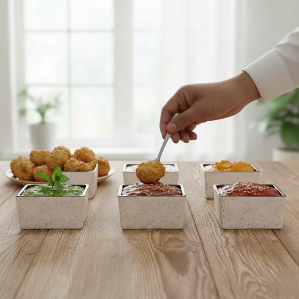 Caffeine Ceramic Stoneware Handmade Cream and Black Dip and Sauce (Set of 6, 40 ml)