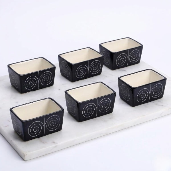 Caffeine Ceramic Stoneware Handmade Black Doodle Dip and Sauce (Set of 6, 40 ml) (Microwave & Dishwasher Safe)