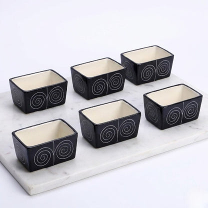 Caffeine Ceramic Stoneware Handmade Black Doodle Dip and Sauce (Set of 6, 40 ml) (Microwave & Dishwasher Safe)