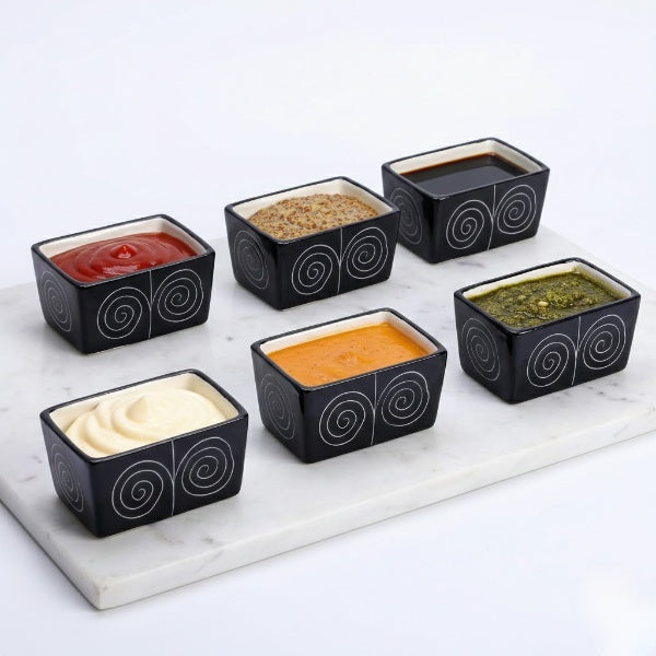 Caffeine Ceramic Stoneware Handmade Black Doodle Dip and Sauce (Set of 6, 40 ml) (Microwave & Dishwasher Safe)
