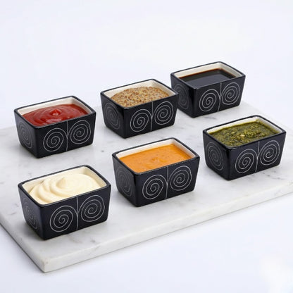 Caffeine Ceramic Stoneware Handmade Black Doodle Dip and Sauce (Set of 6, 40 ml) (Microwave & Dishwasher Safe)