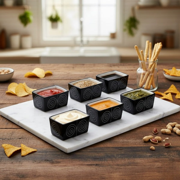 Caffeine Ceramic Stoneware Handmade Black Doodle Dip and Sauce (Set of 6, 40 ml) (Microwave & Dishwasher Safe)