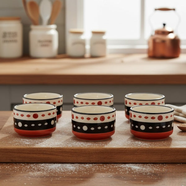Caffeine Ceramic Stoneware Handmade Red & Black Dotted Dip and Sauce (Set of 6, 50 ml) (Microwave & Dishwasher Safe)