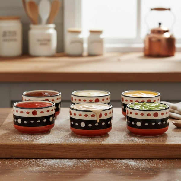 Caffeine Ceramic Stoneware Handmade Red & Black Dotted Dip and Sauce (Set of 6, 50 ml) (Microwave & Dishwasher Safe)