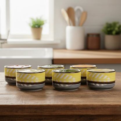 Caffeine Ceramic Stoneware Handmade Yellow & Grey Leaf Round Dip and Sauce (Set of 6, 50 ml)