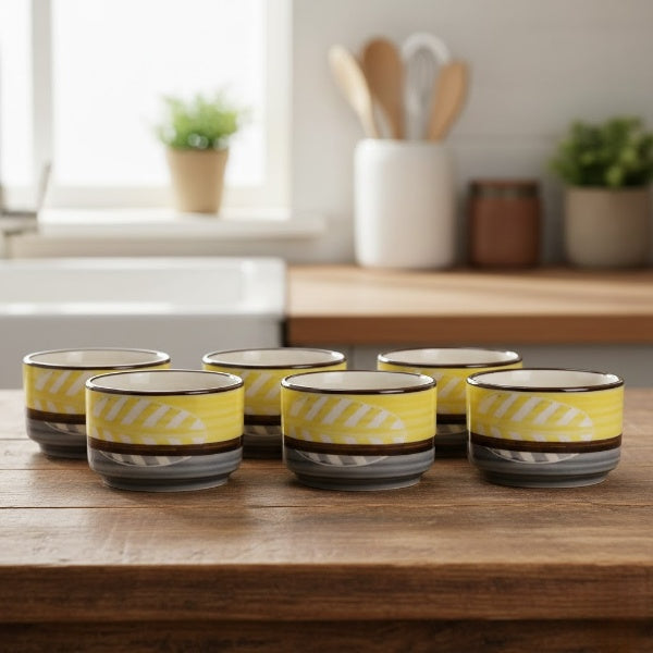 Caffeine Ceramic Stoneware Handmade Yellow & Grey Leaf Round Dip and Sauce (Set of 6, 50 ml)