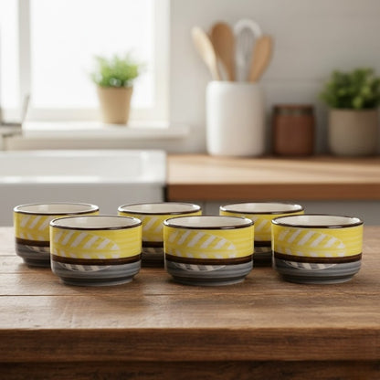 Caffeine Ceramic Stoneware Handmade Yellow & Grey Leaf Round Dip and Sauce (Set of 6, 50 ml)