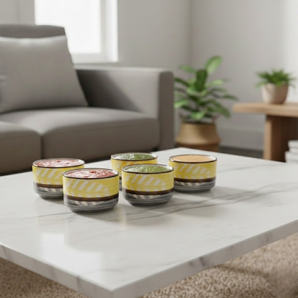 Caffeine Ceramic Stoneware Handmade Yellow & Grey Leaf Round Dip and Sauce (Set of 6, 50 ml)