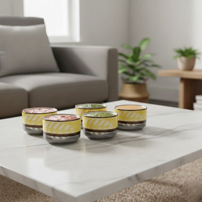 Caffeine Ceramic Stoneware Handmade Yellow & Grey Leaf Round Dip and Sauce (Set of 6, 50 ml)