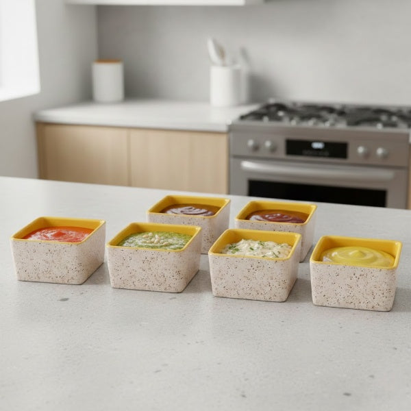 Caffeine Ceramic Handmade Cream and Yellow Matte Dip and Sauce (Set of 6, 40 ml)