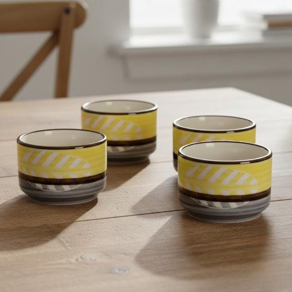 Caffeine Ceramic Handmade Yellow & Grey Leaf Dip and Sauce (Set of 4, 50 ml)